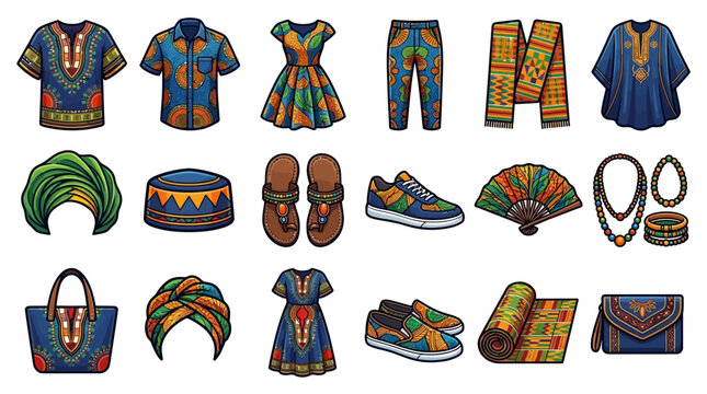 African fashion collection with dashiki shirts colorful dresses patterned pants headwraps sandals sneakers handbags jewelry and accessories kente cloth designs
