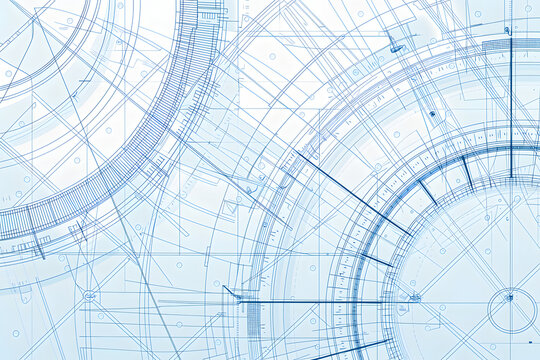 青い線の緻密な建築図面と幾何学的設計図の背景イラスト