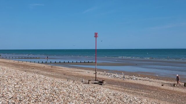 Bognor Regis West Sussex England UK. 14.07.2026. Video. A wide shot of a bustling pebble beach on a clear day, featuring diverse architecture and individuals relaxing by the sea at Bognor Regis
