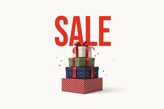 A vibrant stack of colorful holiday gift boxes with bright red ribbons and festive confetti scattered below a prominent large red bold 'SALE' text presenting a clear retail shopping offer graphic