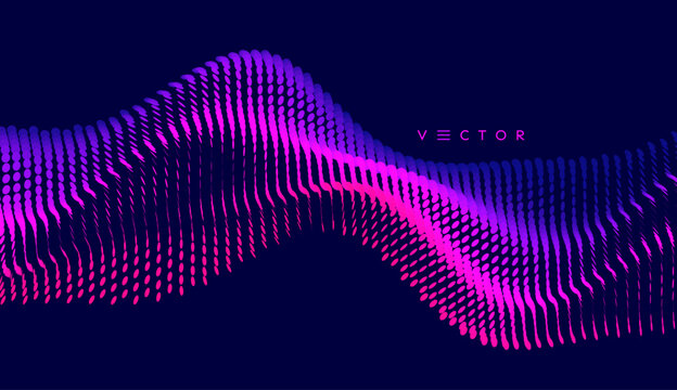 Dynamics particles. Abstract wavy background. Wave with connected dots. Big data. Gradient colour. 3D grid surface. Illustration for brochure, poster, cover, presentation, flyer or banner.