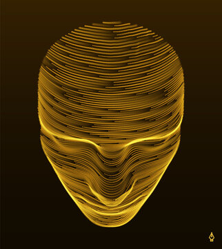 A face mask of golden lines, like data flowing through a digital mind. AI concept. The process of modeling or scanning. Digital design of a futuristic identity. Technological concept. Vector.