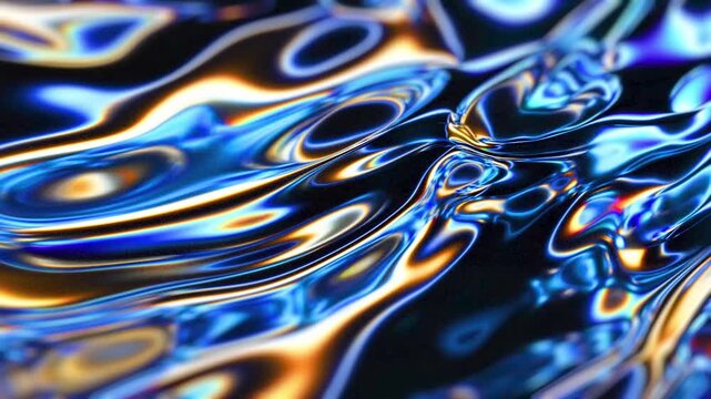 Abstract liquid metal background, with iridescent blue, and gold light reflections
