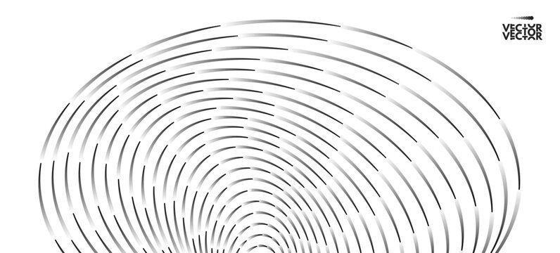 Fine strokes create a dynamic circular motion. Concentric circles. Digital signal. Sound wave and line within a circle. Striped form with a ripple effect. Vector for a brochure, cover, or presentation