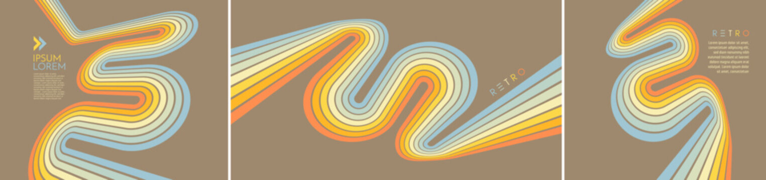 A retro 1970s-style background. Colorful lines. Abstract, dynamic curved ribbons. A serpentine curve of a race track. Designed for posters or banners for sports competitions. Vector illustration.
