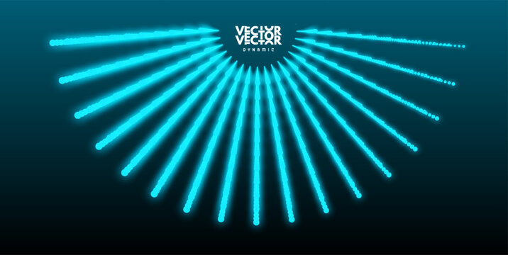 An abstract dark background with bright, symmetrical, radial neon blue rays. Energy radiates from the center. 3D illustration for brochure, poster, cover, card, presentation, flyer or banner.