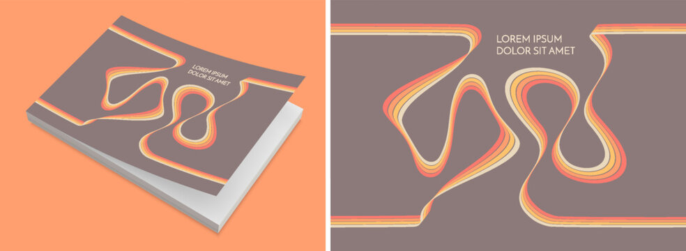 Softcover book layout. Cover design template. A retro 1970s-style background. Colorful lines. Dynamic curved ribbons. Copy space. Vector illustration for brochure, cover, notebook or notepad.