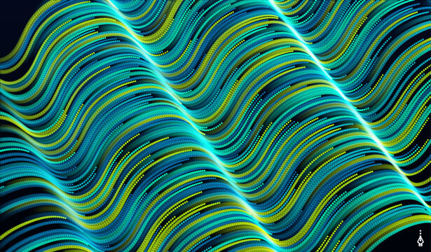 A wavy surface with multiple folds. Numerous lines move rapidly through space. The dynamics of digital data. An abstract structure with smooth color transitions. Vector for poster, cover, presentation