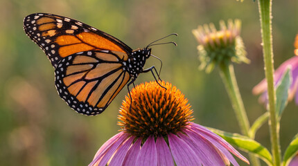 Obraz premium Monarch butterfly feeding on bright flower in vibrant garden 