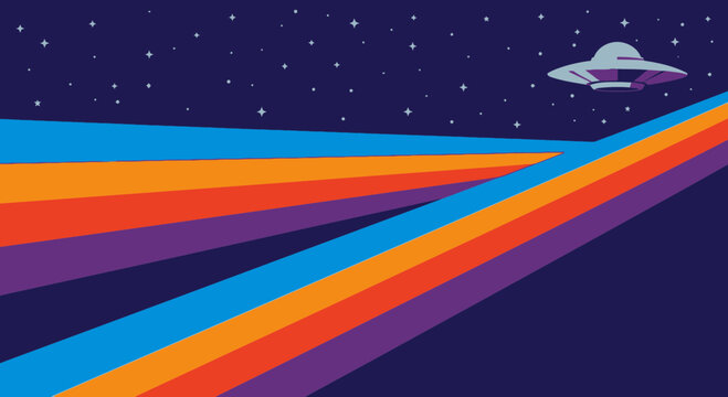 Colorful vector illustration of an alien spaceship and rainbow abstract