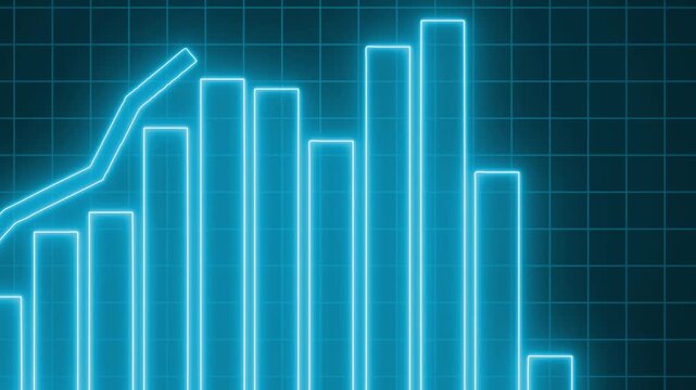Neon glowing bar chart with rising line overlay stylized retro futuristic data visualization animation