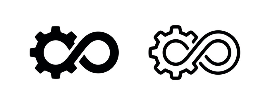 DevOps icon set, software development and operations symbol, continuous integration and delivery, solid and outline.