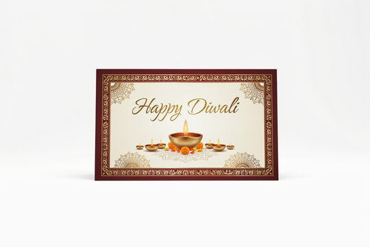 A vibrant Happy Diwali greeting card stands upright featuring a golden ornate border traditional diyas glowing flames and decorative marigold flowers and text