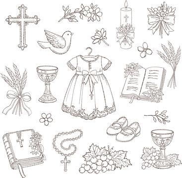 Christian doodle outline vector illustration set featuring hand drawn religious symbols for baptism, first communion and church celebrations. Minimalist clipart collection perfect for invitations, sta