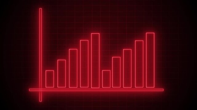 Neon-style bar chart with vertical and horizontal axes glowing outline and varying bar heights animation