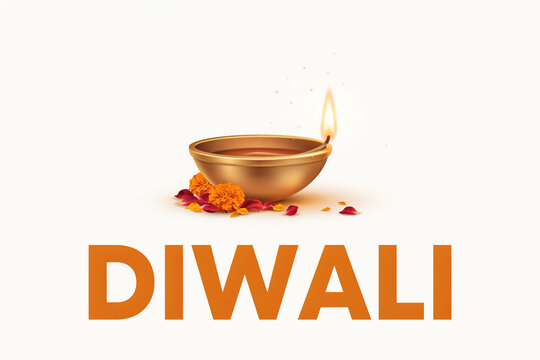 A traditional golden Diwali diya oil lamp with a burning flame surrounded by vibrant orange marigold flowers and scattered red rose petals with the word DIWALI displayed below it