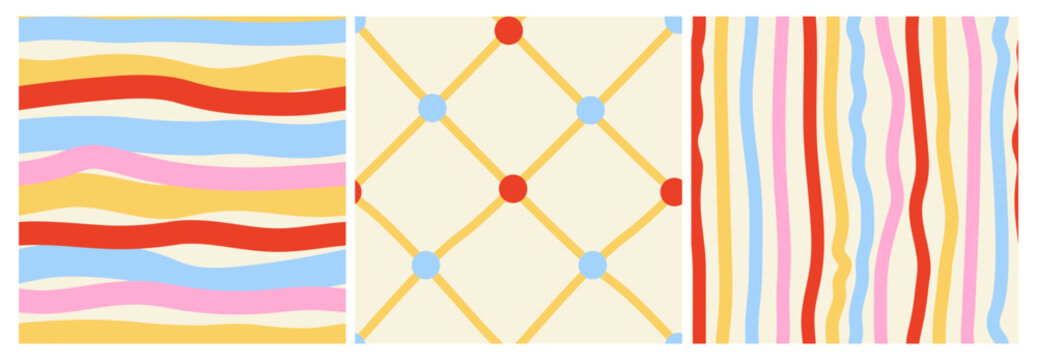 Set of colorful seamless patterns with stripes and diagonal checks. Vector flat festive backgrounds for fabric, wrapping paper and stationery designs