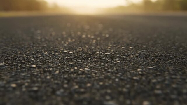 Low angle road surface close up with soft focus shift and warm golden sunlight revealing rough asphalt, gravel, and subtle horizon glow across earthy texture, with asphalt, gravel, pebble, road detail