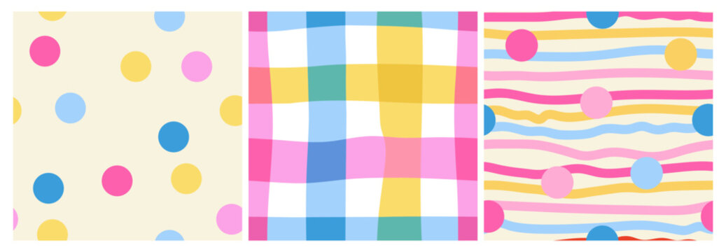 Colorful and festive seamless patterns with dots, lines and checks. Vector backgrounds in naive style for fabric, wrapping paper and stationery designs