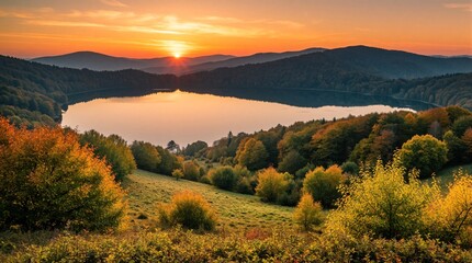 Golden sunset over Solina Lake in Bieszczady Mountains Poland. Sun shines behind dark hills reflecting on calm water. Autumn forest colors decorate landscape during peaceful evening. Scenic view of © Viktor