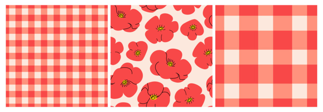 Set of seamless patterns with poppy flowers and red vichy checks. Summer vector backgrounds with cute designs