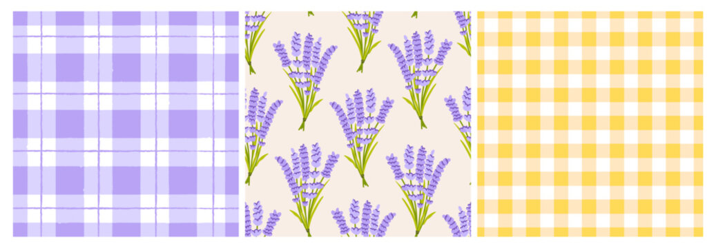 Set of seamless patterns with lavender branches and gingham vichy plaids. Soft pastel vector flat backgrounds for fabric, wrapping paper, and stationery
