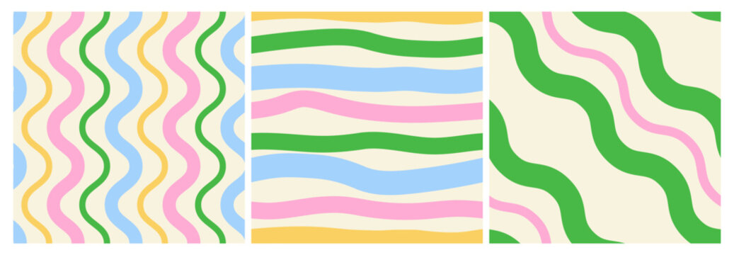 Set of seamless pattern with hand drawn colorful wavy lines. Vector flat striped backgrounds