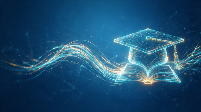 Education Graduation Cap with Open Book in Digital Light Lines