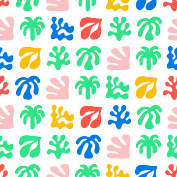 Seamless pattern with colorful abstract organic shapes. Hand drawn silhouettes of plants, palms and leaves. Vector flat background