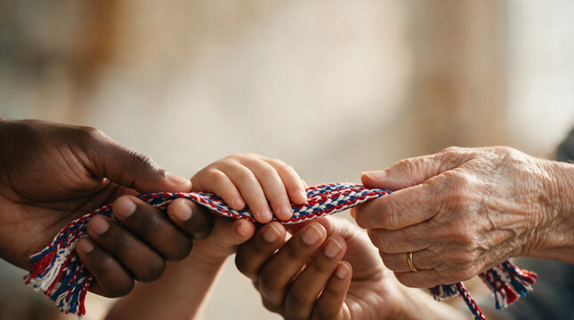 Generations Holding Hands Together with a Colorful Woven Friendship Band
