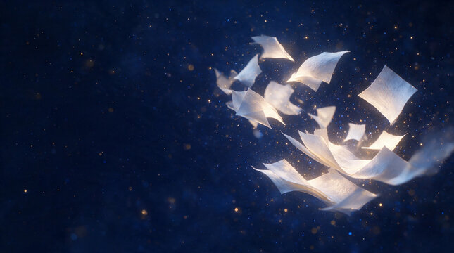 Floating Paper Sheets in Dreamy Abstract Dark Blue Glowing Space