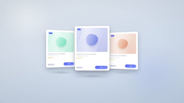 Floating product cards e-commerce UI. Three white cards with abstract shapes and buttons bob in 3D space. Soft light sweeps over a studio background. Seamless loop for web design.