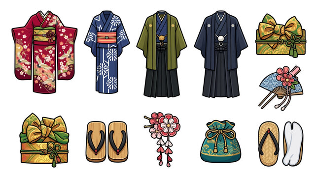 Set of traditional Japanese clothing and accessories including kimonos hakama geta sandals hair ornaments fan and gift box illustration