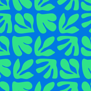 Seamless pattern with abstract hand drawn leaves in retro style. Vector flat background with organic nature shapes