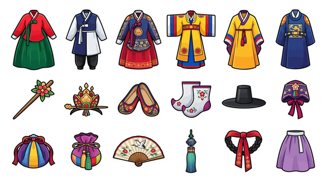 Traditional Korean Hanbok Clothing And Accessories Collection Including Hanbok Outfits Hats Shoes Socks Fans Pouches And Hair Ornaments On White Background