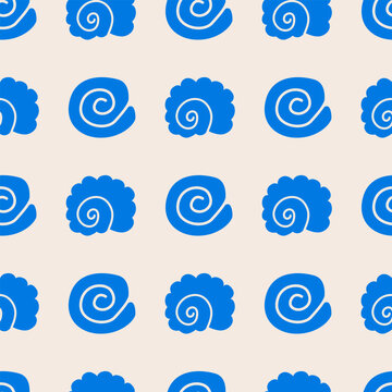 Summer seamless pattern with hand drawn sea shells. Vector flat background