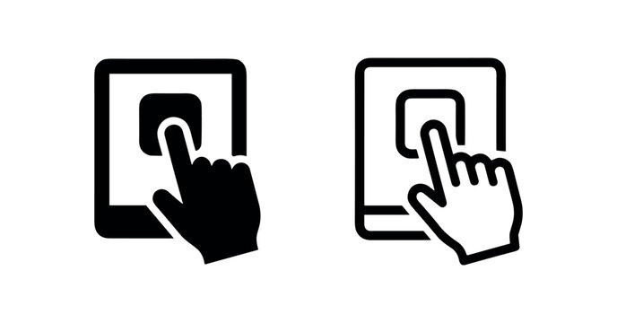 Hand touching tablet screen icon set solid and outline style