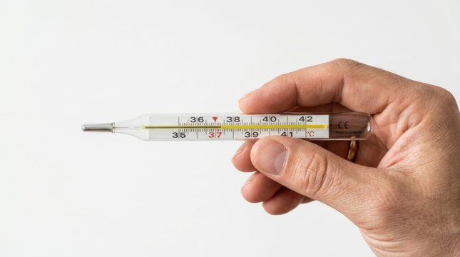 A close up view of a hand holding a traditional glass mercury thermometer against a plain white background