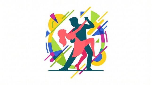 Couple dancing tango or salsa flat vector illustration with colorful geometric background for dance school banner