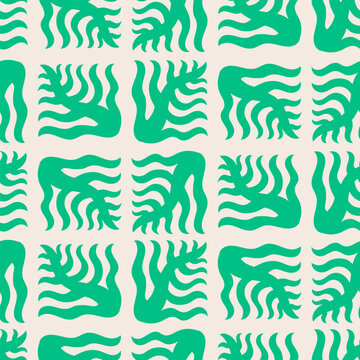 Seamless pattern with abstract hand drawn fern leaves in retro style. Vector flat background. Organic geometric wavy shapes