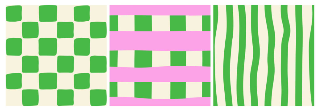 Set of hand drawn seamless patterns with stripes and chessboard. Naive groovy design. Wavy bold lines and checkered vector flat backgrounds