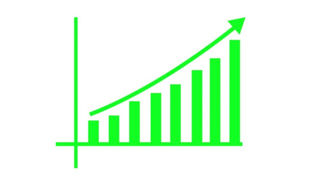 Ascending bar chart with upward-curving arrow graph animation
