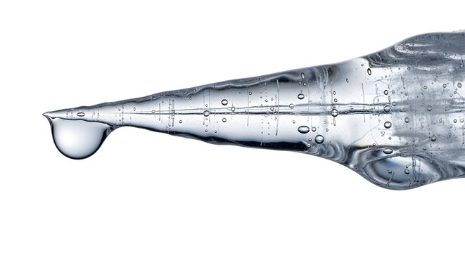 A clear, pointed icicle with a water droplet at the tip, on a white backdrop.