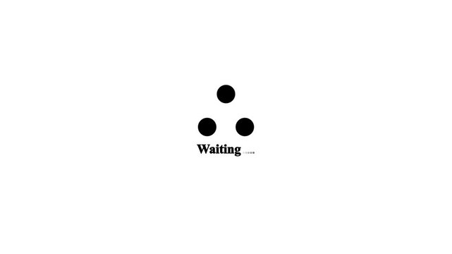 Three dots waiting status indicator line loop, minimalist application data buffering symbol with text layout, isolated fronted graphic asset on white background 4k.