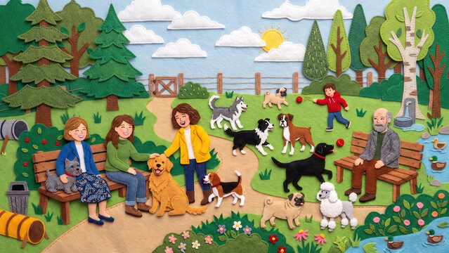 Handcrafted cut felt illustration of a lively dog park where people relax on benches while various dogs play on a path near trees, a pond, and a fence under a sunny sky.