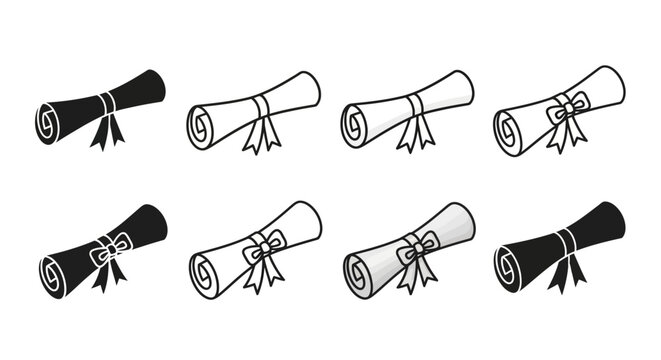 Set of graduation diploma scrolls in outline and solid styles representing academic achievement