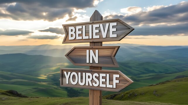 Inspirational wooden signpost with believe in yourself message in scenic landscape