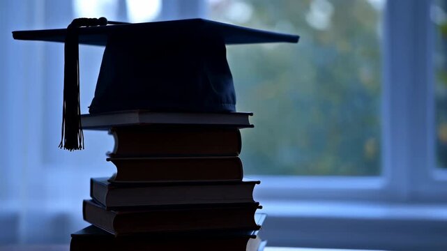 Graduation mortarboard atop stacked books beside bright window, tassel draped over edge and soft silhouette from daylight for academic success and study concept