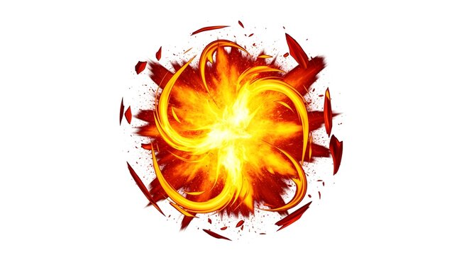 An abstract explosion of yellow and red fire, isolated on a white background.