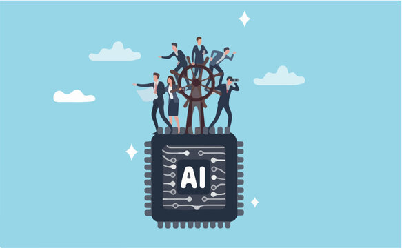 Future of AI Artificial Intelligence, control direction innovation, governance of information AI usage, implementation and automation system, businessman control AI chip to the right direction
